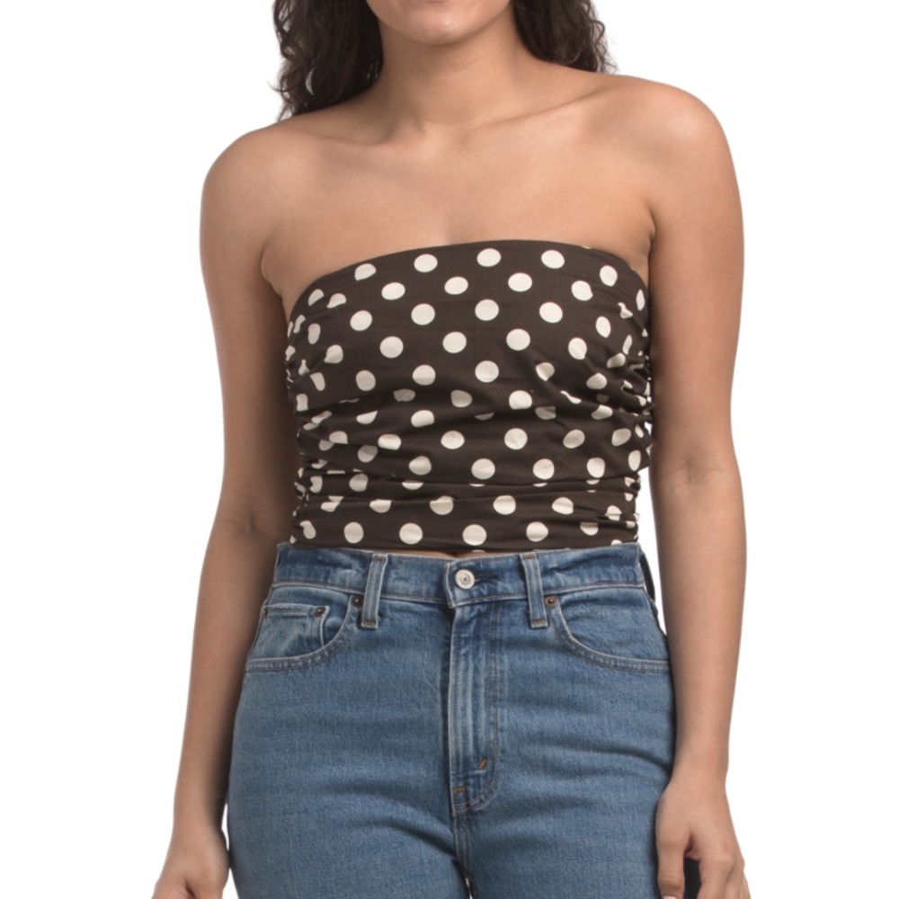 Strapless Cotton Polka Dot Tube Top - Brown with Cream Dots Sz M